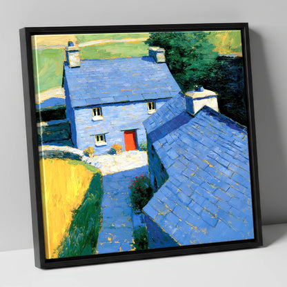 Vibrant Blue Slate Cottages lake district village canvas wall art in black frame
