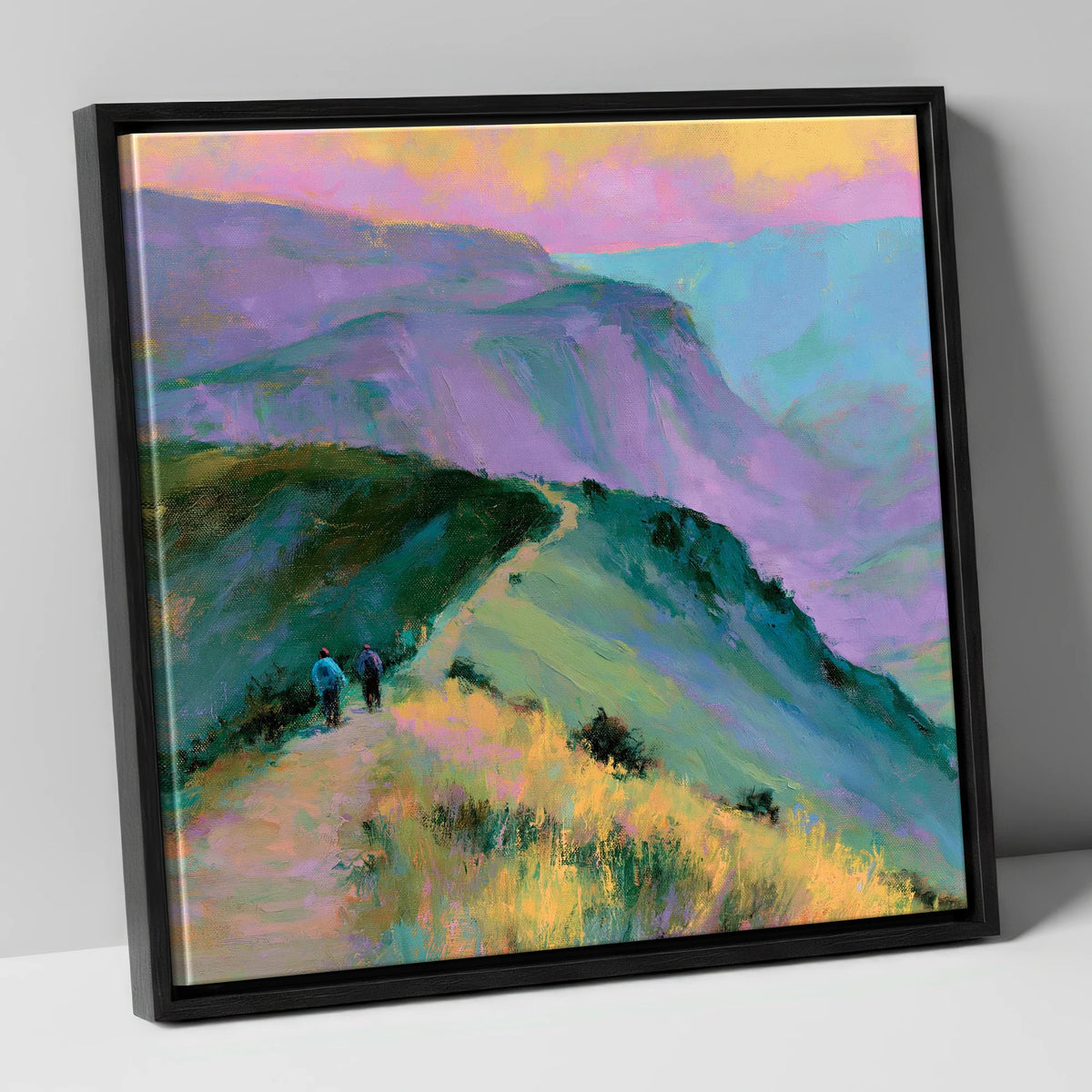 Fell Walkers in Pastel Light lake district walking canvas wall art in black frame