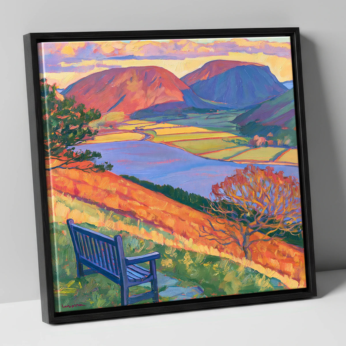 Vibrant Bench View Over Loweswater lake district lake canvas wall art in black frame