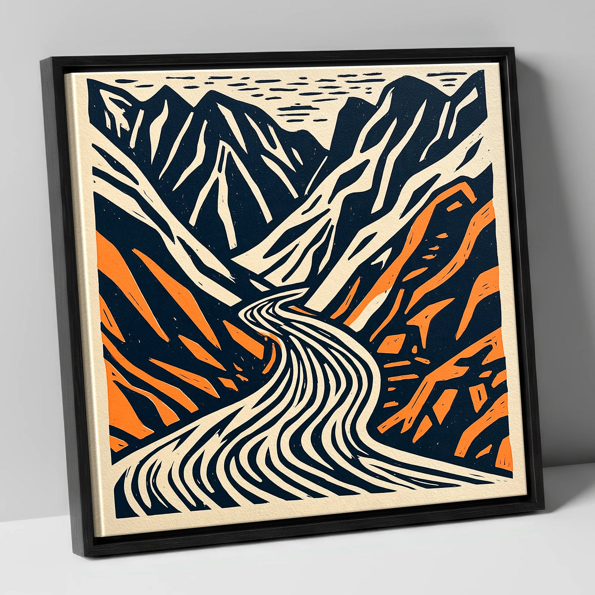 Honister Pass Navy and Terracotta lake district valley canvas wall art in black frame