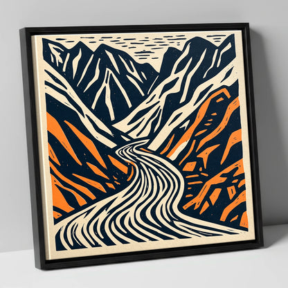 Honister Pass Navy and Terracotta lake district valley canvas wall art in black frame