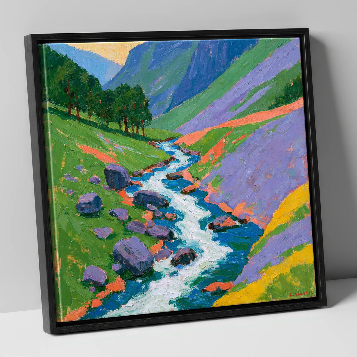 Vivid Rushing Fellside Beck lake district waterfall canvas wall art in black frame