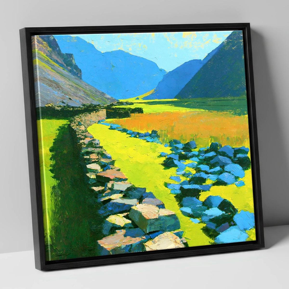 Sunlit Stone Wall and Blue Fells lake district valley canvas wall art in black frame