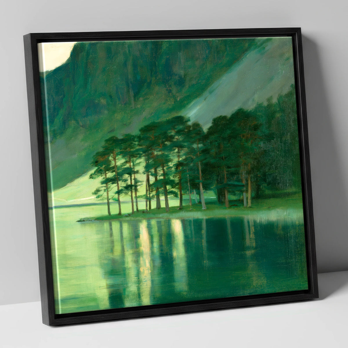 Buttermere Pines in Emerald Light lake district lake canvas wall art in black frame