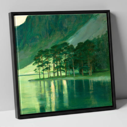 Buttermere Pines in Emerald Light lake district lake canvas wall art in black frame