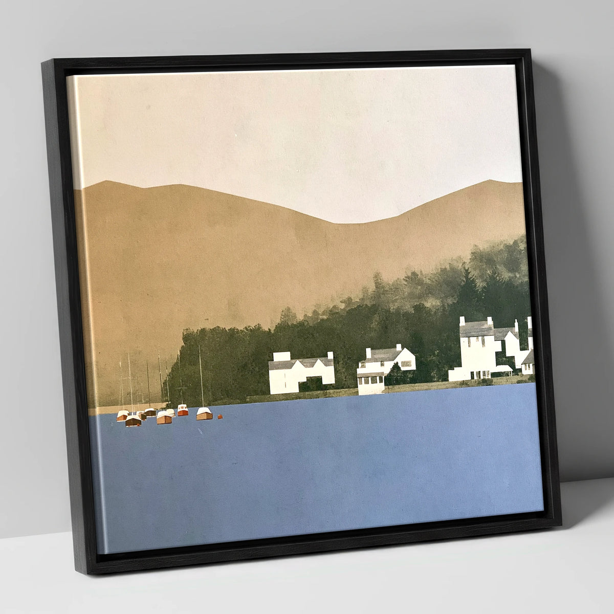 Moored Boats at Bowness Bay lake district village canvas wall art in black frame