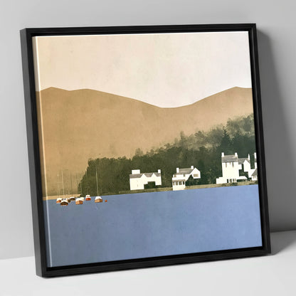 Moored Boats at Bowness Bay lake district village canvas wall art in black frame