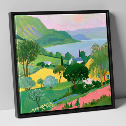 Vibrant Summer Lake and Fells lake district lake canvas wall art in black frame