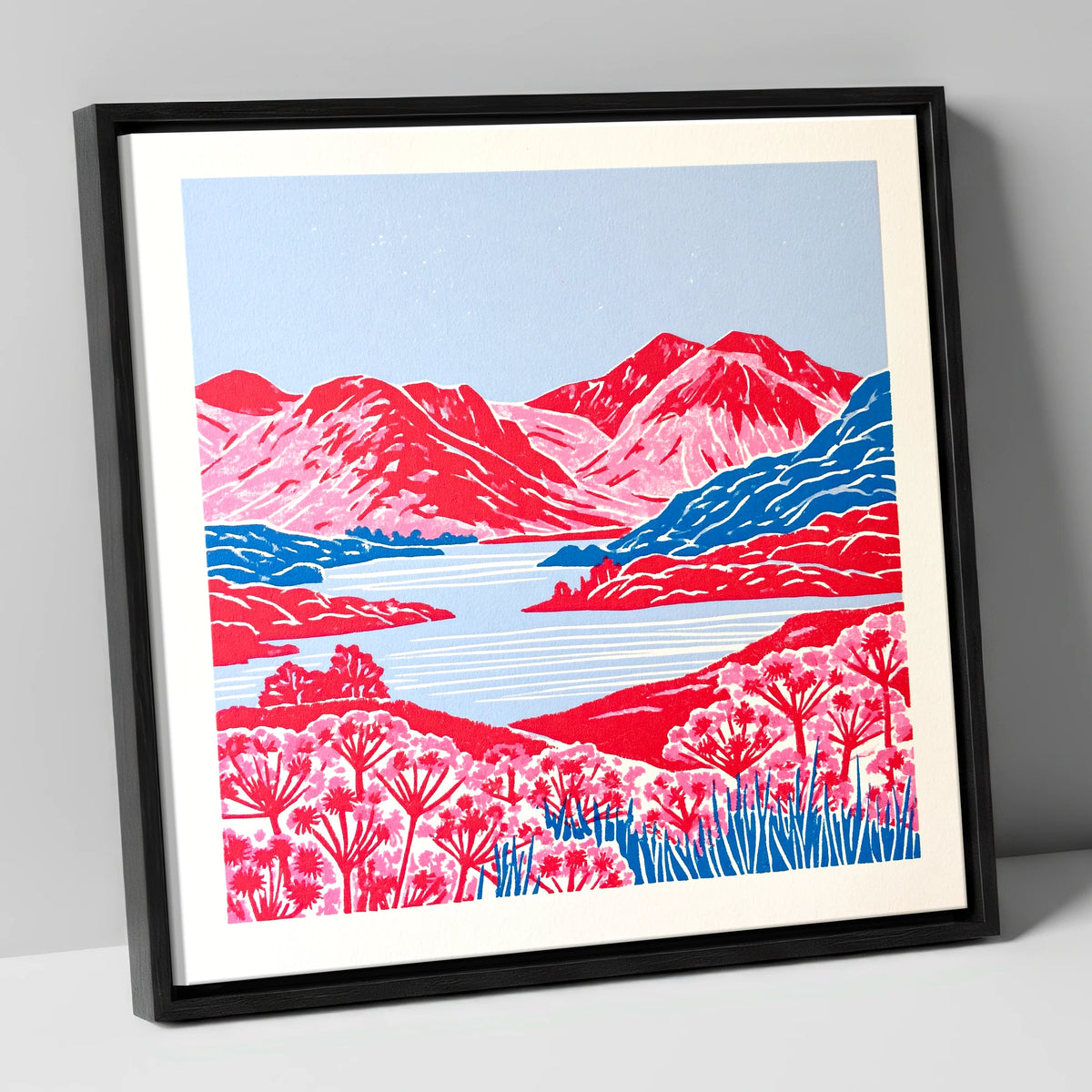 Vivid Red Fells and Lake lake district lake canvas wall art in black frame