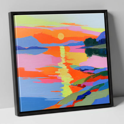 Vivid Sunset Over the Water lake district lake canvas wall art in black frame