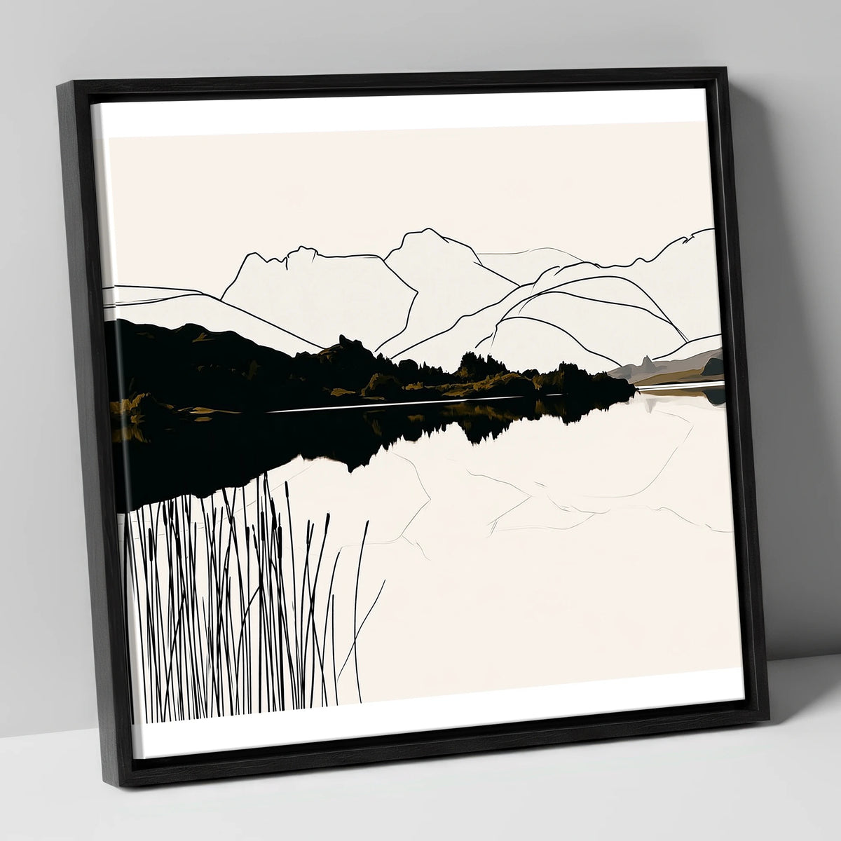 Elterwater Reeds in Black and Cream lake district lake canvas wall art in black frame