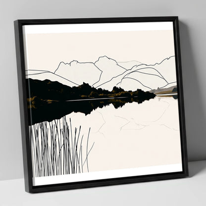 Elterwater Reeds in Black and Cream lake district lake canvas wall art in black frame