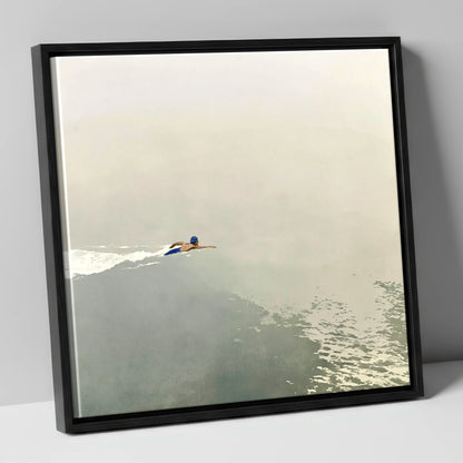 Open Water Swimmer in Morning Mist lake district walking canvas wall art in black frame