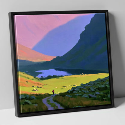 Lone Hiker in Vibrant Fells lake district walking canvas wall art in black frame