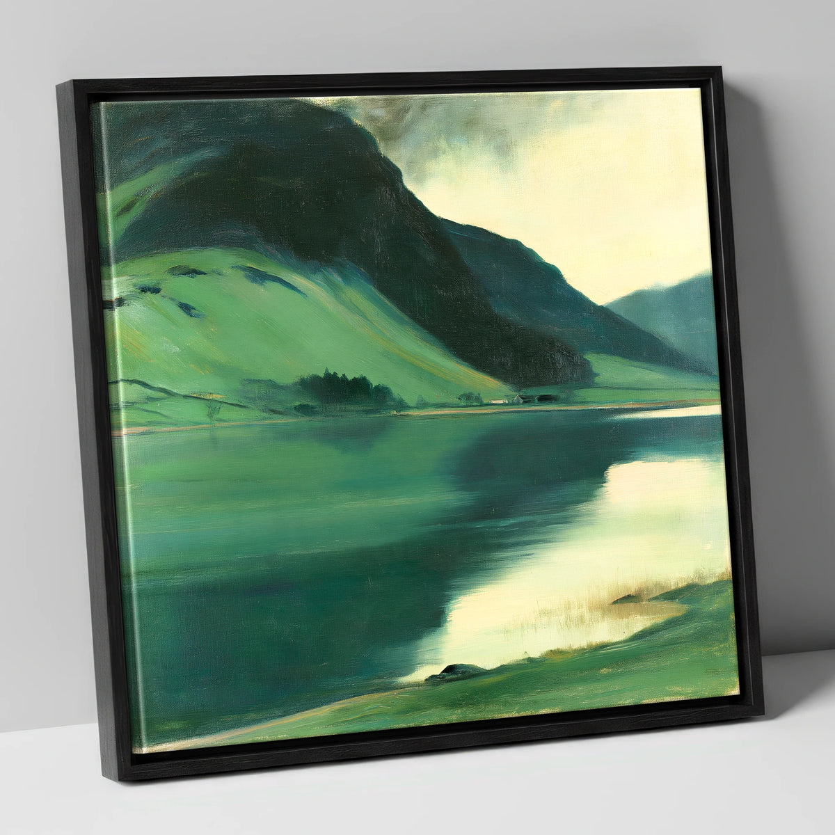 Emerald Fells Over the Lake lake district lake canvas wall art in black frame