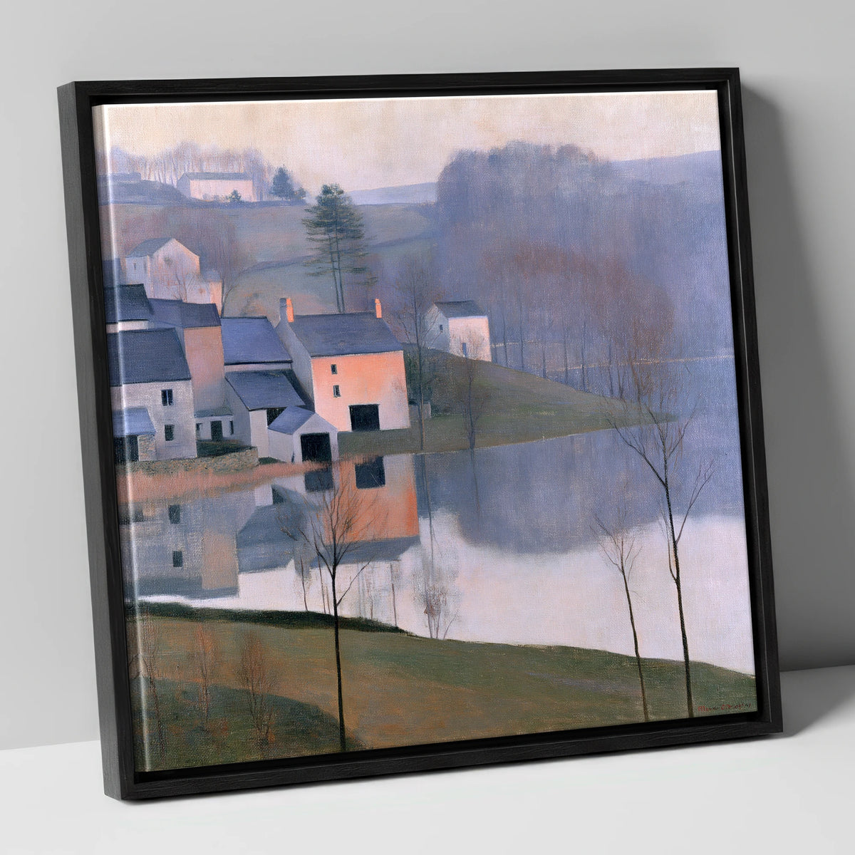 Pastel Lakeside Village Reflections lake district village canvas wall art in black frame