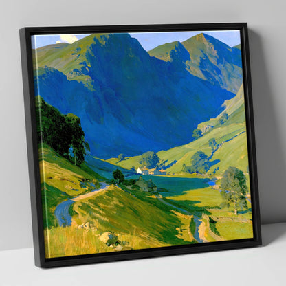 Valley Farm Beneath Blue Fells lake district valley canvas wall art in black frame