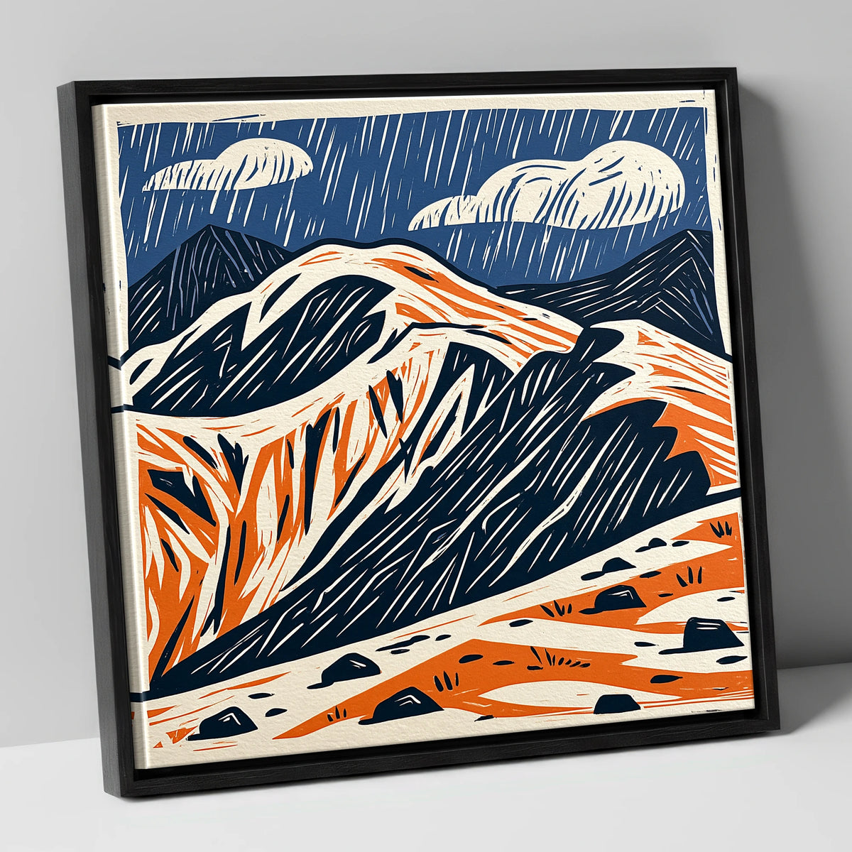 Helvellyn Ridge in Blue and Terracotta lake district fell canvas wall art in black frame