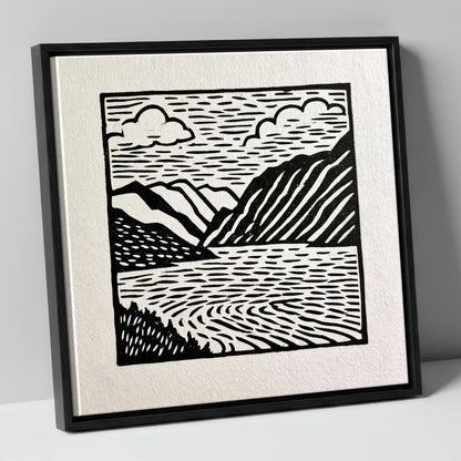 Graphic Monochrome Lake and Fells lake district lake canvas wall art in black frame