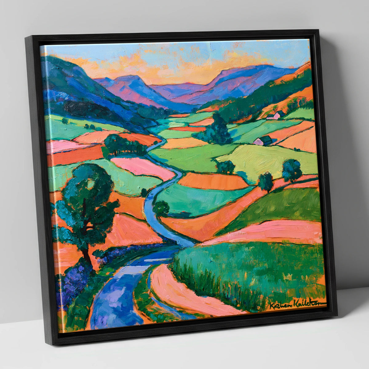 Colourful Patchwork Lake District Dale lake district valley canvas wall art in black frame
