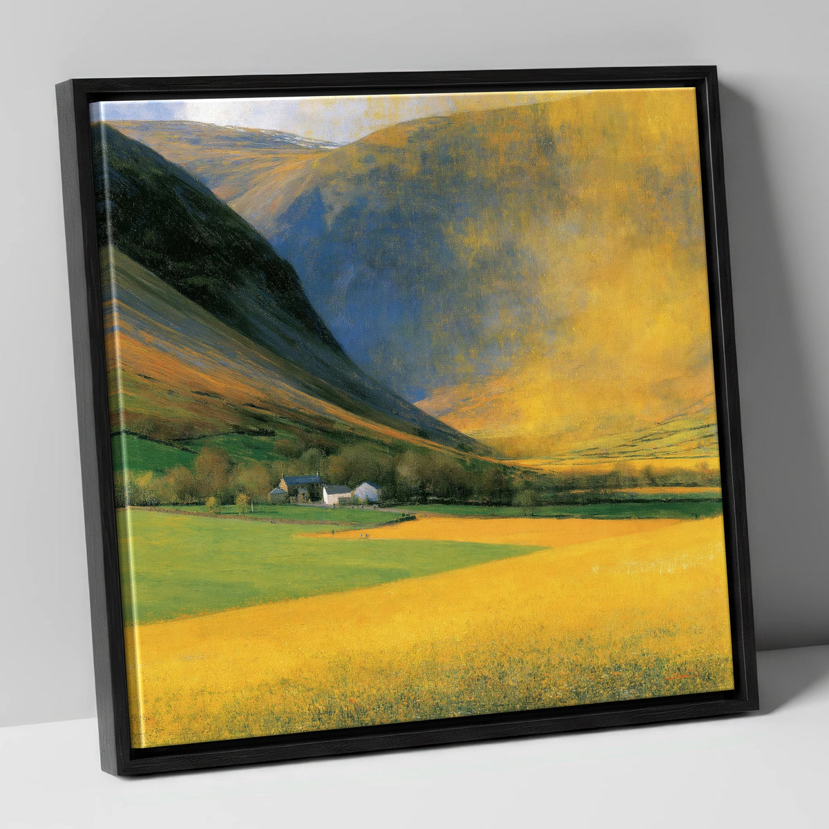Golden Light Over Valley Fields lake district valley canvas wall art in black frame
