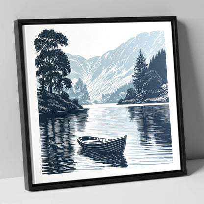 Rowing Boat at Blue Dawn lake district lake canvas wall art in black frame