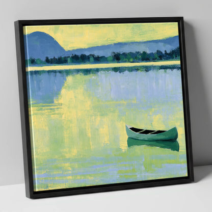 Windermere Canoe in Yellow Light lake district lake canvas wall art in black frame
