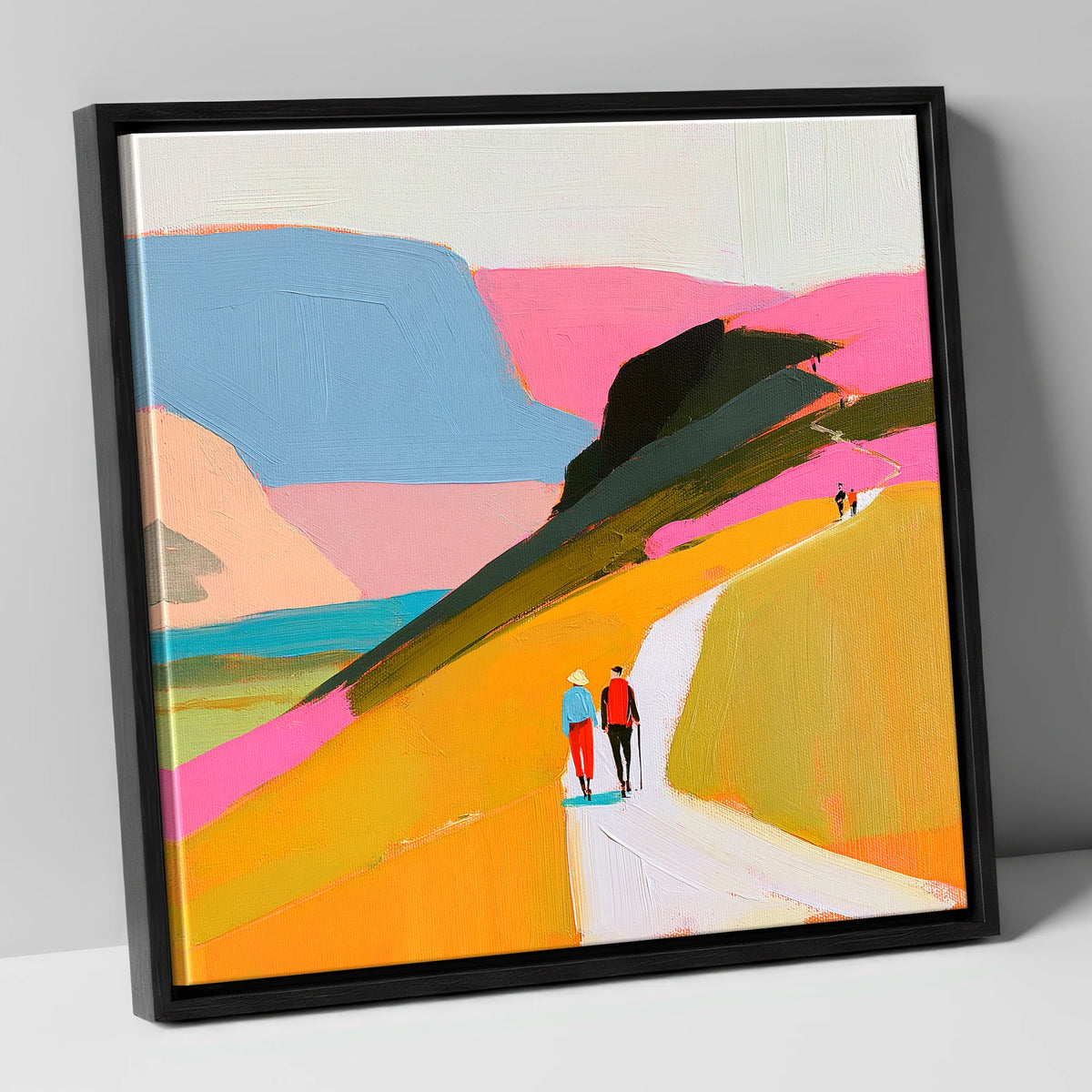 Walkers Ascending Colourful Fells lake district walking canvas wall art in black frame