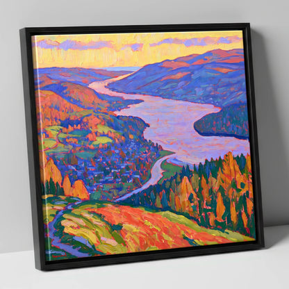 Vibrant Ambleside and Lake View lake district village canvas wall art in black frame