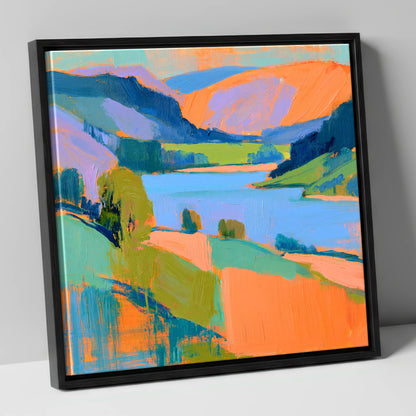 Vivid Orange Fells and Lake lake district lake canvas wall art in black frame