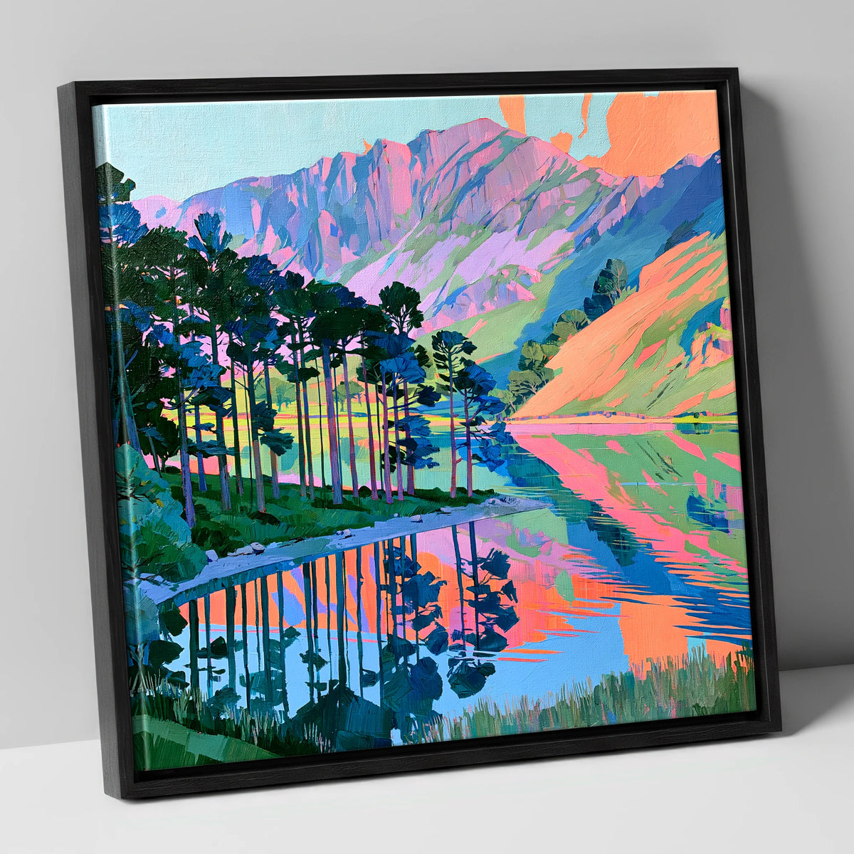Vibrant Buttermere Scots Pines lake district lake canvas wall art in black frame
