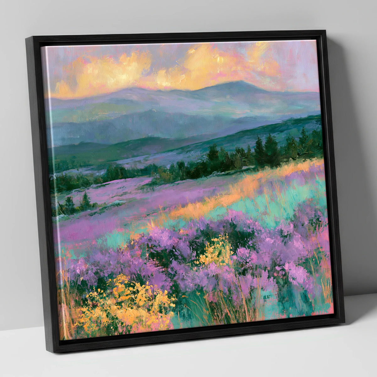 Vibrant Heather Fellside at Sunset flowers & fellsides canvas wall art in black frame