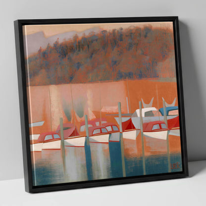 Windermere Boats in Terracotta Light lake district lake canvas wall art in black frame