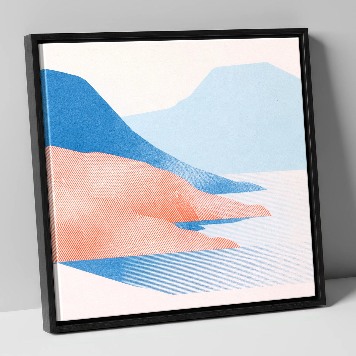 Coniston Water in Coral and Blue lake district lake canvas wall art in black frame