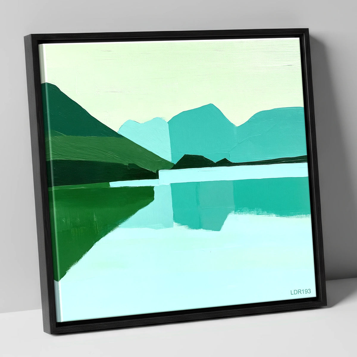 Loweswater Reflections in Bold Teal lake district lake canvas wall art in black frame