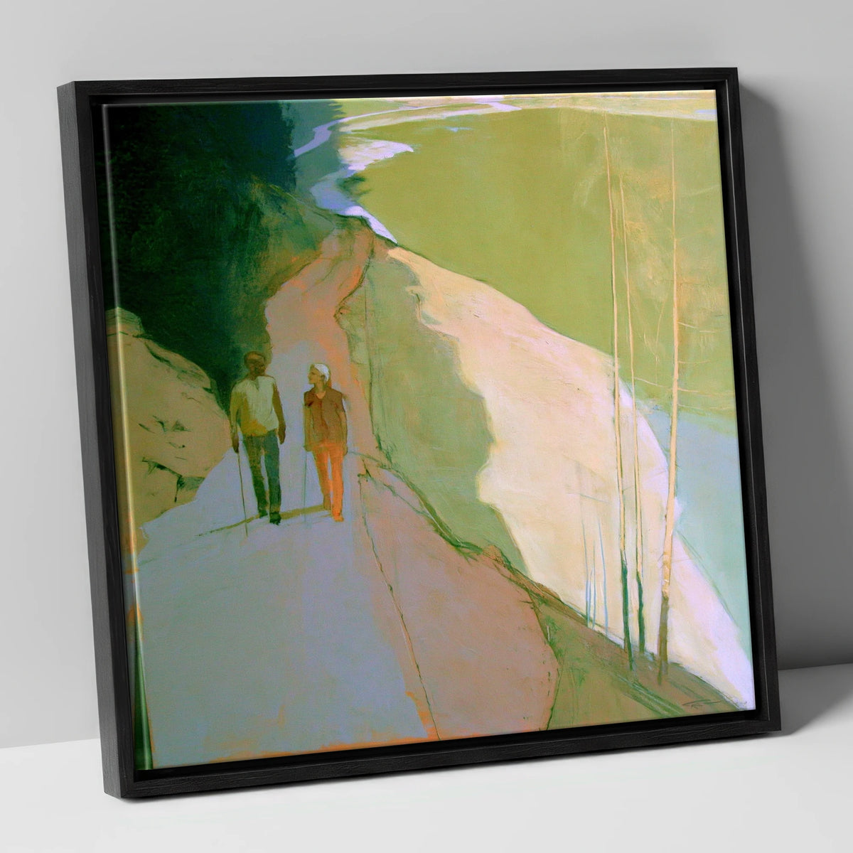 Hikers on Lakeside Mountain Path lake district walking canvas wall art in black frame