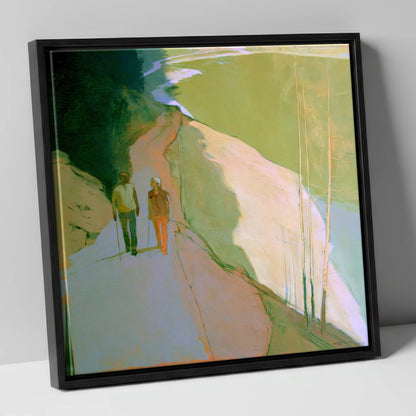 Hikers on Lakeside Mountain Path lake district walking canvas wall art in black frame