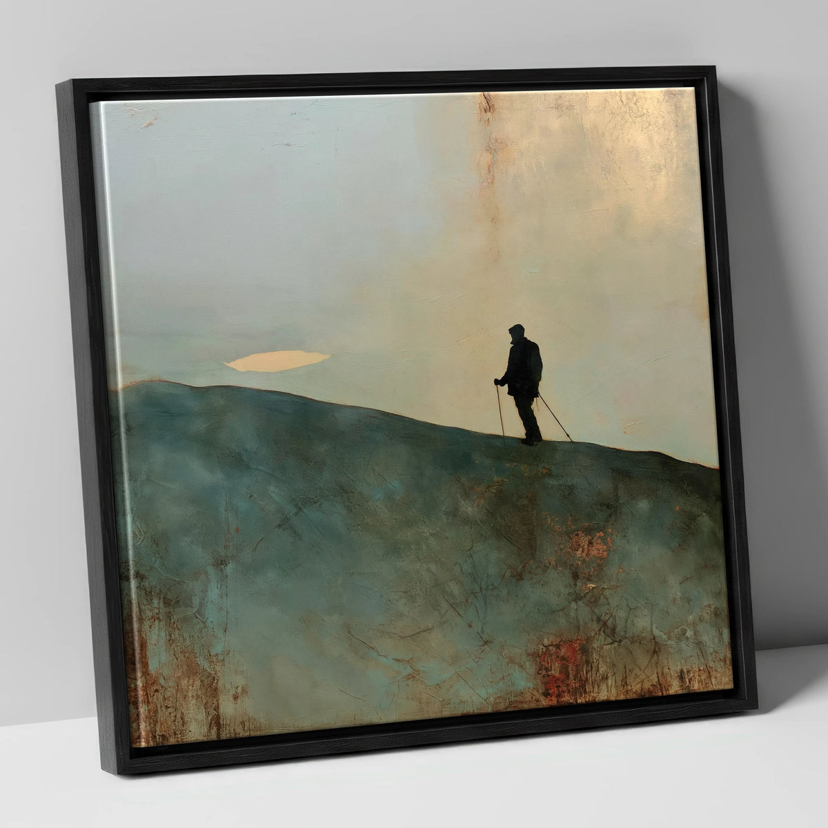 Walker Silhouette on Skiddaw Ridge lake district fell canvas wall art in black frame