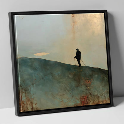 Walker Silhouette on Skiddaw Ridge lake district fell canvas wall art in black frame