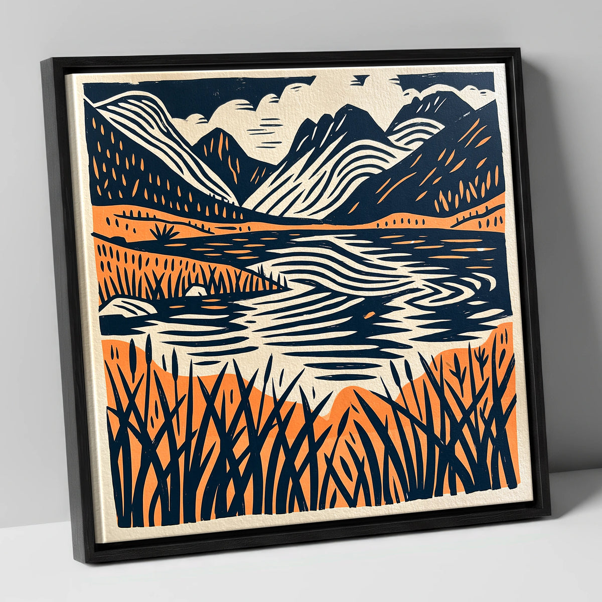 Terracotta Fells and Lake Reflections lake district lake canvas wall art in black frame