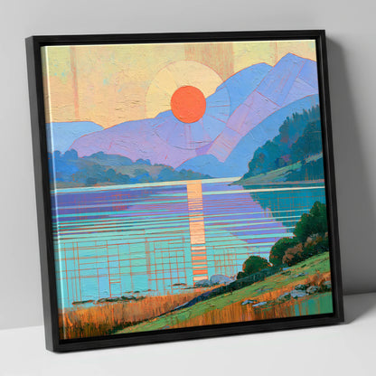 Geometric Lakeland Sunset Over Water lake district lake canvas wall art in black frame
