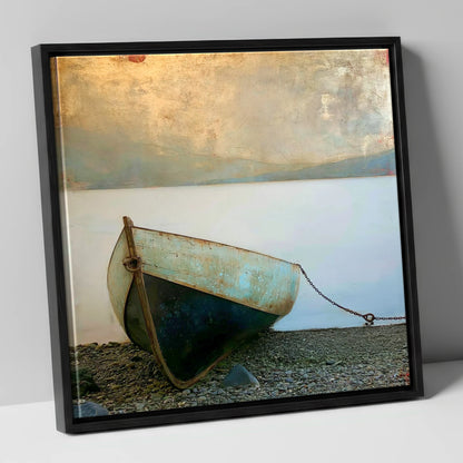 Grounded Teal Boat on Windermere lake district lake canvas wall art in black frame