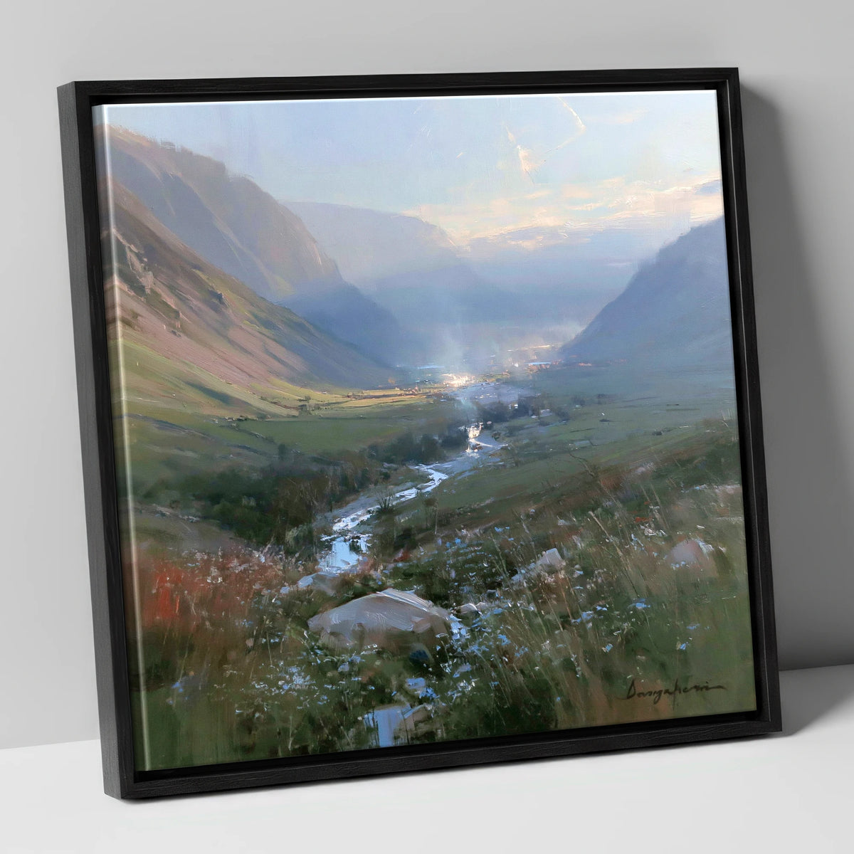 Valley Beck in Morning Haze lake district valley canvas wall art in black frame