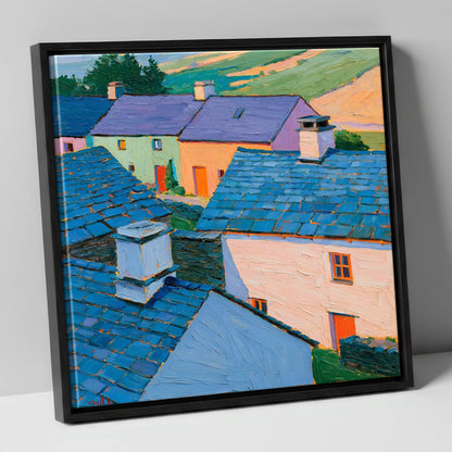 Colourful Slate Roofed Village Cottages lake district village canvas wall art in black frame