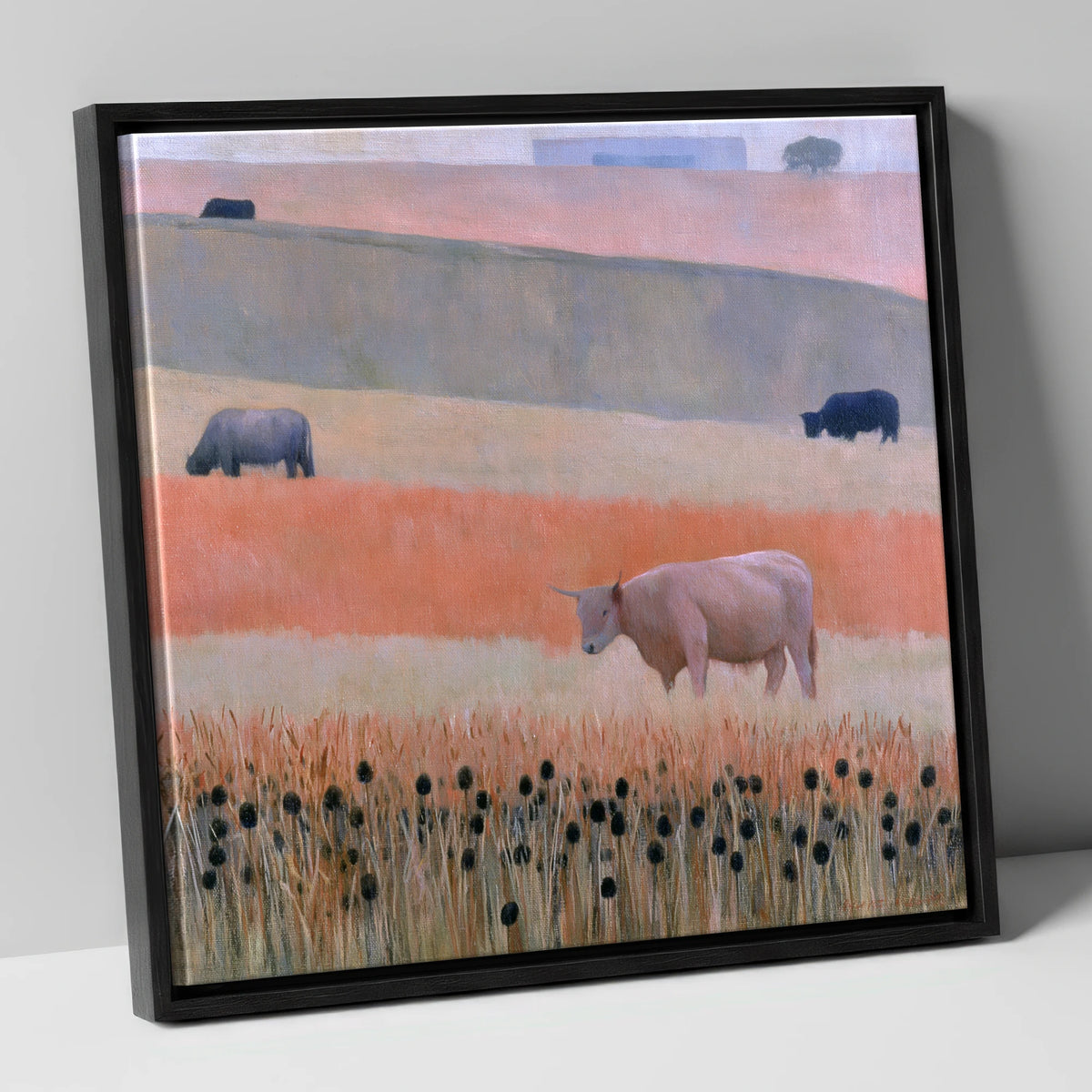 Highland Cattle in Pastel Fells lake district wildlife canvas wall art in black frame