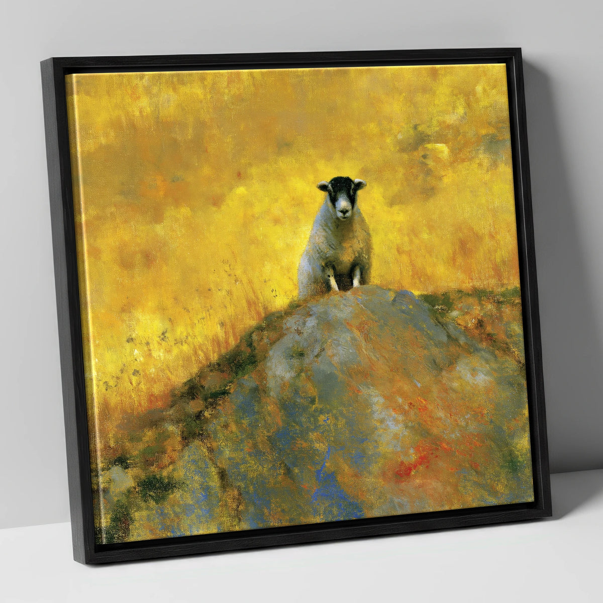 Herdwick Sheep in Golden Light lake district wildlife canvas wall art in black frame