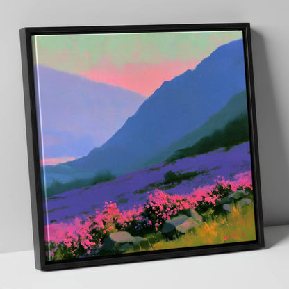 Indigo Fells and Vibrant Heather flowers & fellsides canvas wall art in black frame