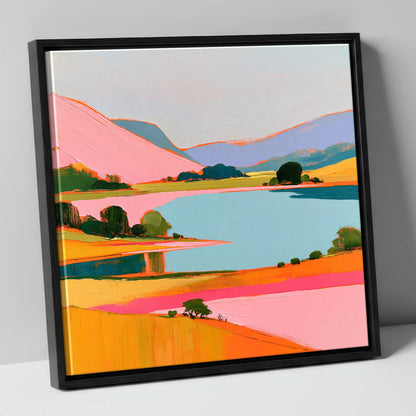 Pink Fells Over Teal Lake lake district lake canvas wall art in black frame