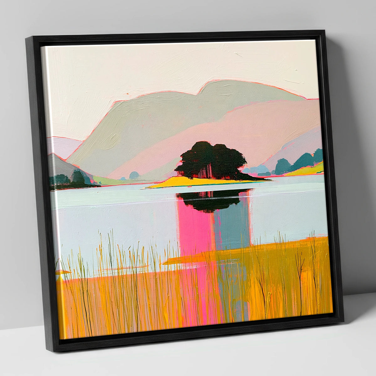 Vibrant Grasmere Island Reflections lake district lake canvas wall art in black frame