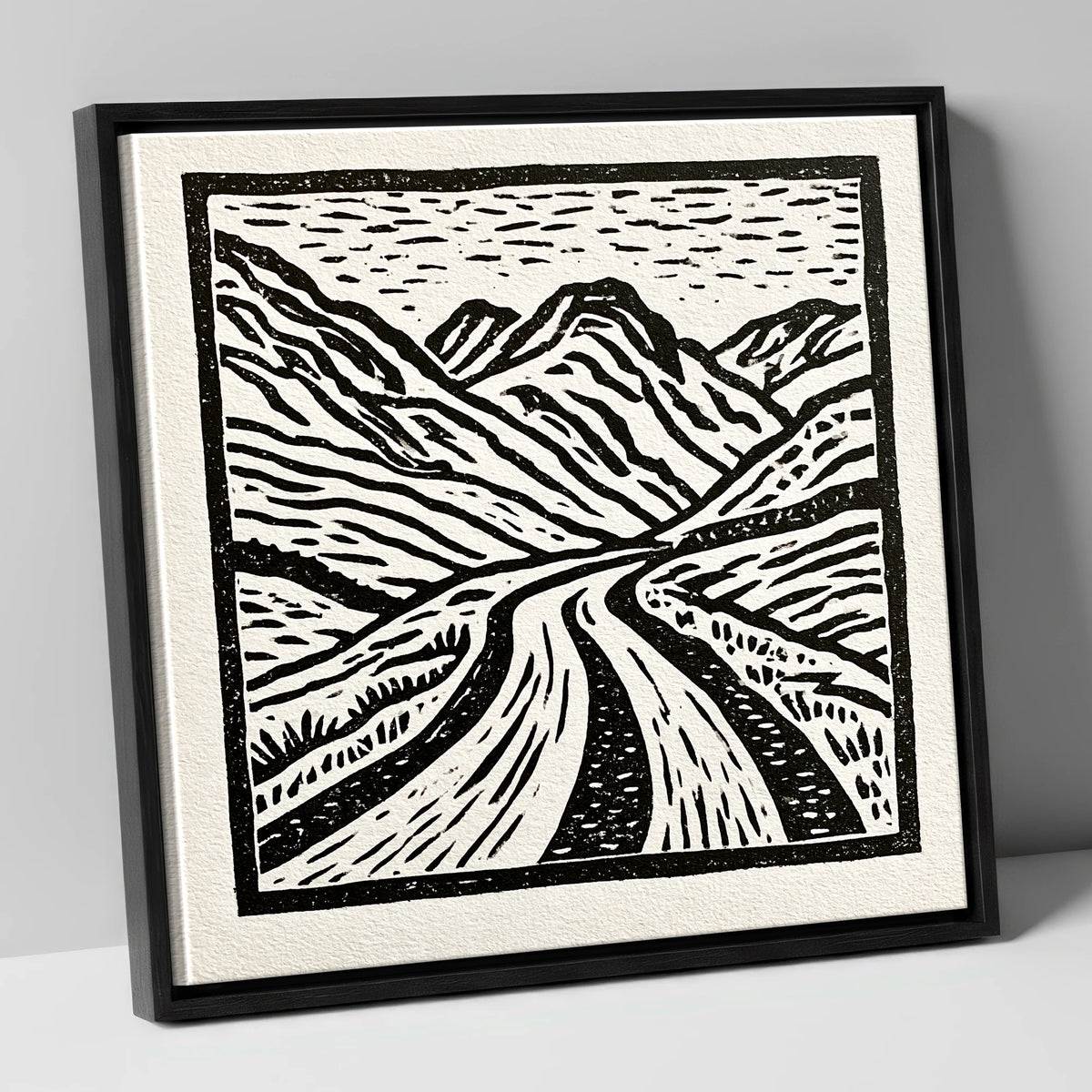 Hardknott Pass in Stark Monochrome lake district valley canvas wall art in black frame